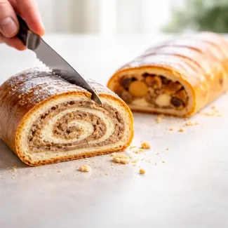 Potica vs strudel slice showing soft spiral crumb and flaky layers during cutting