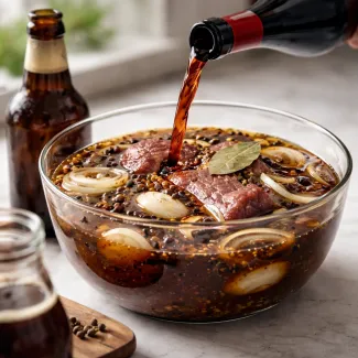 Sauerbraten marinade with beef, wine, beer and spices as liquid pours into the aromatic mixture