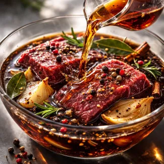 Sauerbraten marinade with vinegar coats beef, spices suspended in glossy liquid as flavors develop
