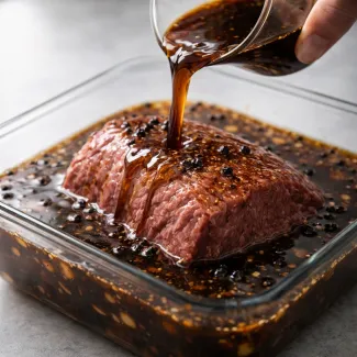 Raw beef slowly soaking in a vinegar-spiced Sauerbraten marinade, spices glistening across the tender surface