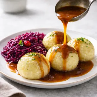 Tender potato dumplings with glossy gravy beside braised red cabbage as classic Sauerbraten side dishes