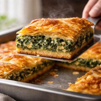 Spanakopita slice lifted, dry structured base visible, crisp flakes separating, brushed steel tray