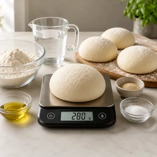 Pizza dough ball on digital scale showing 280 g, with flour, water, yeast, salt and oil nearby
