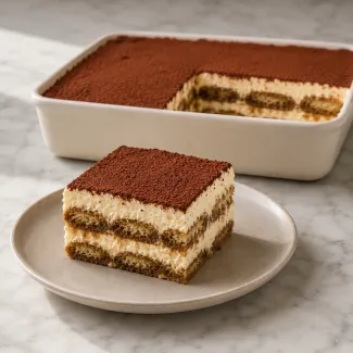 Set tiramisu slice with clean cream layers, dark espresso lines and a dry cocoa surface