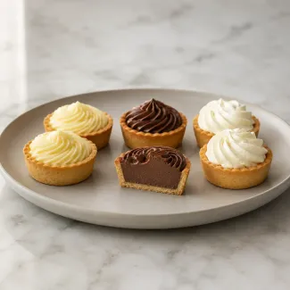 Six crisp golden tartlets filled with stable vanilla, chocolate, and mascarpone creams, including one halved tartlet showing a clean shell fracture and a firm chocolate centre without liquid seepage