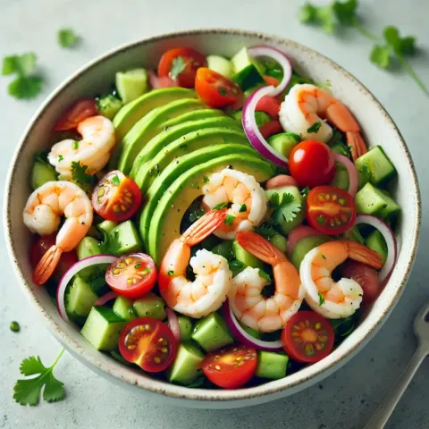 Fresca y deliciosa ensalada de aguacate con camarones - Comida rápida