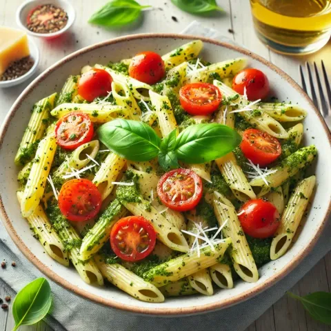 Pâtes Méditerranéennes au Pesto et à la Tomate – Un Goût Frais et Authentique en Seulement 20 Minutes