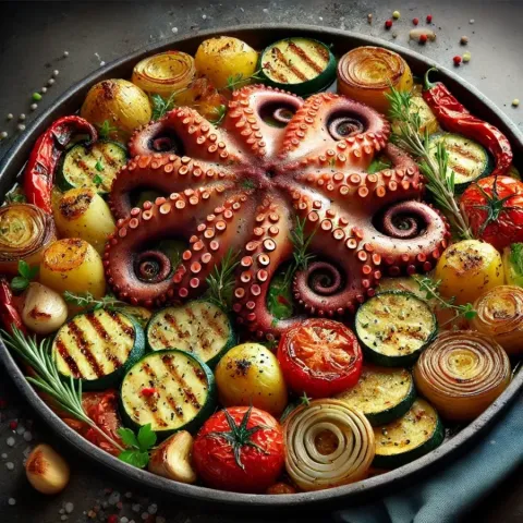 Im Ofen gebackener Oktopus mit Gemüse