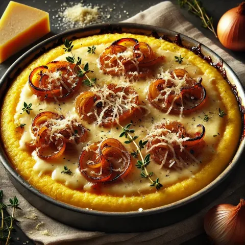 Polenta con Cebolla Caramelizada y Queso – Un Plato Cálido y Reconfortante, Perfecto para los Días Fríos