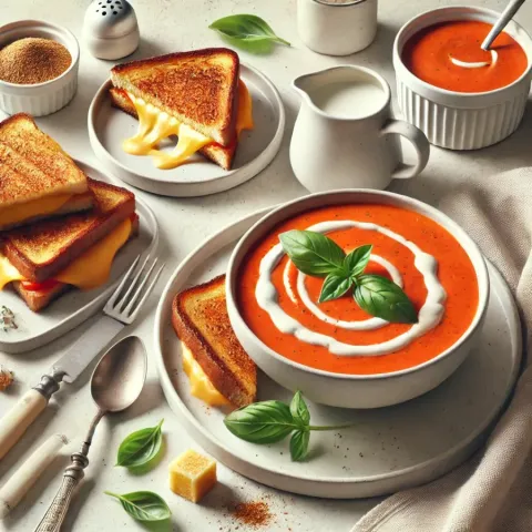 Cremige Tomaten-Basilikum-Suppe mit gegrilltem Käse