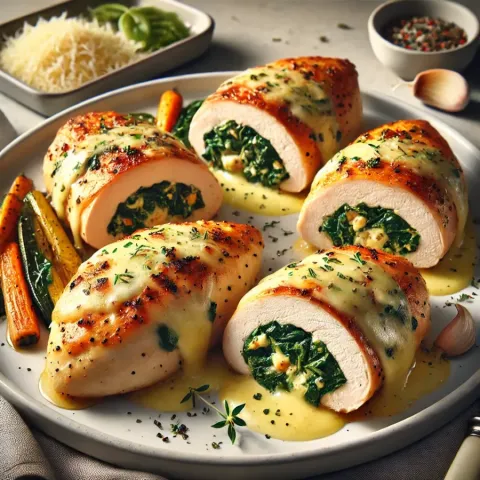 Mit Käse gefüllte Hähnchenbrust mit Spinat und Knoblauch