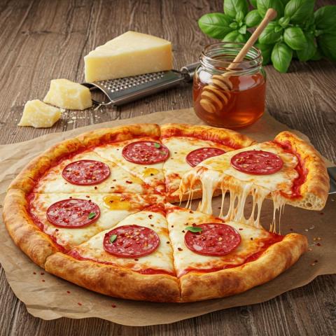 Pizza mit scharfer Salami und Honig Rezept