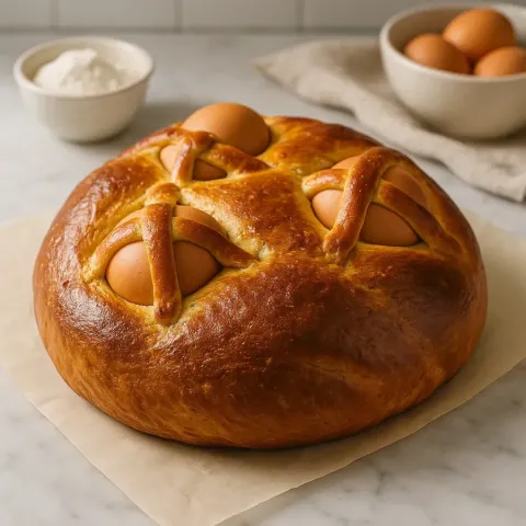 Portugalski Folar da Páscoa – tradicionalni sladki kruh z jajci za veliko noč
