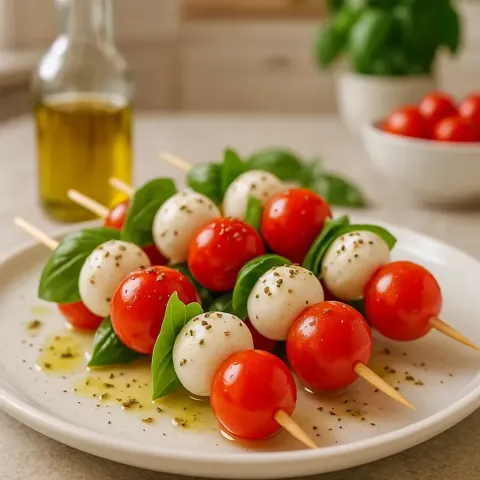 Caprese špízy s mozzarellou, cherry rajčaty a čerstvou bazalkou – Jednoduchý recept na studené jednohubky