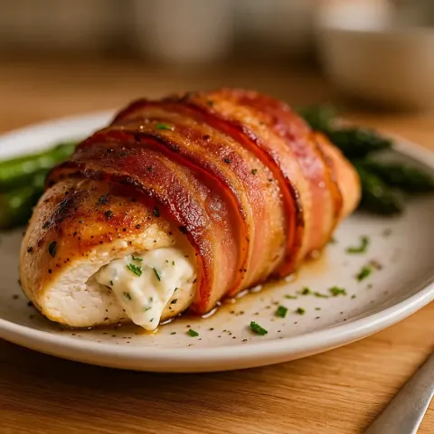 Kyllingbryst fylt med kremost og surret i bacon