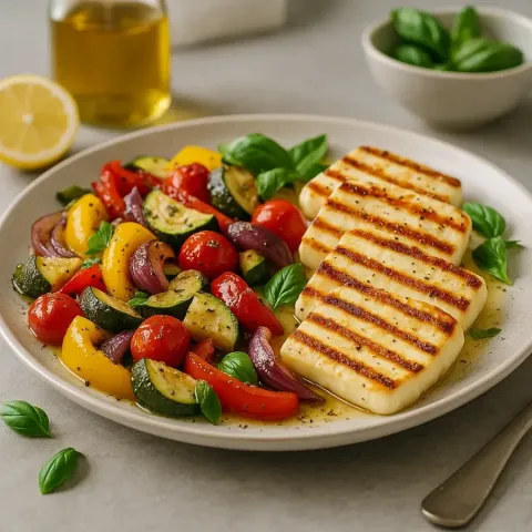 Gegrillter Halloumi mit geröstetem Gemüse – Sommergericht in 20 Minuten