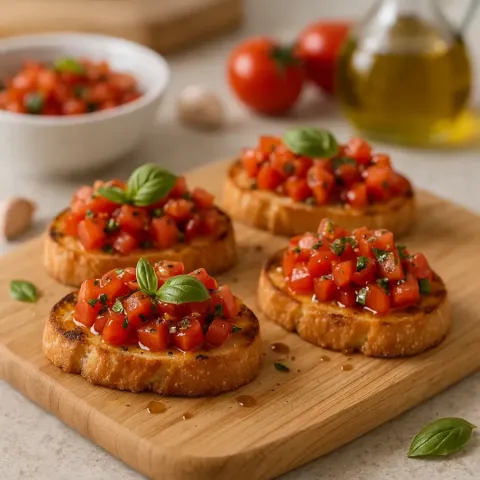 Klassisk Italiensk Bruschetta med Tomat og Basilikum