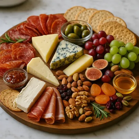 Chuťová deska: sýry, krekry & uzeniny (charcuterie styl)