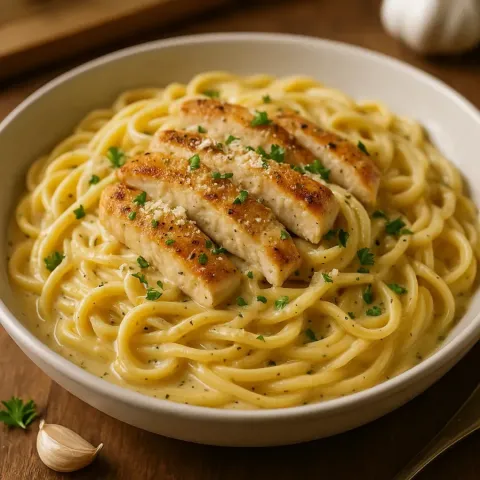 Suosittu kerma‑kana‑valkosipuli‑parmesaanipasta resepti
