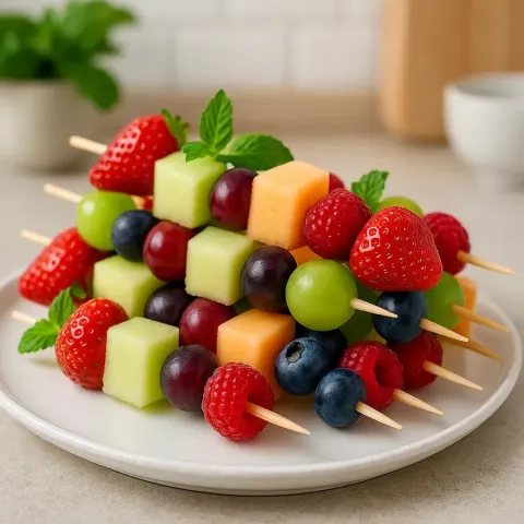 Easy Fruit Kabobs with Melon, Grapes and Berries for Summer Parties