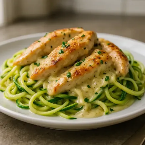 Kurczak Alfredo keto z makaronem z cukinii (zoodles) – niskowęglowodanowa alternatywa dla makaronu