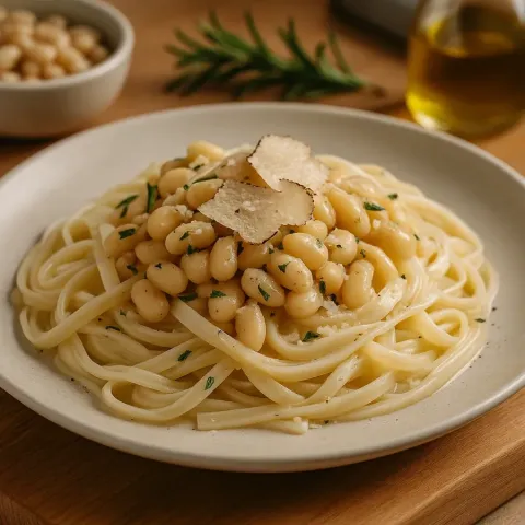 Rice Noodles with White Beans, Rosemary & White Truffle