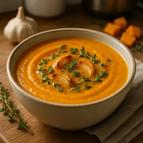 Kremet gresskarsuppe med ovnsbakt hvitløk og friske urter til koselige høstkvelder