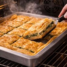 Oven interior, steam escaping, golden crust forming, slice lifted showing dry base