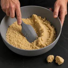 Moist cake crumbs bind into a firm mass with a clean fracture and no dry dust