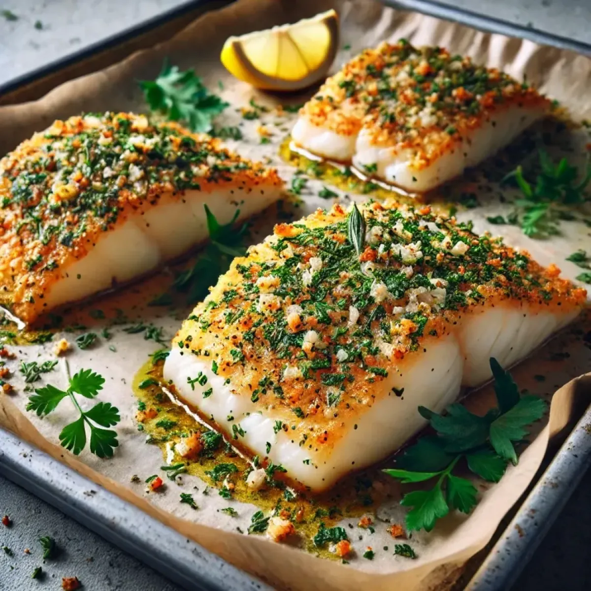 Baked cod fillets in a herb crust