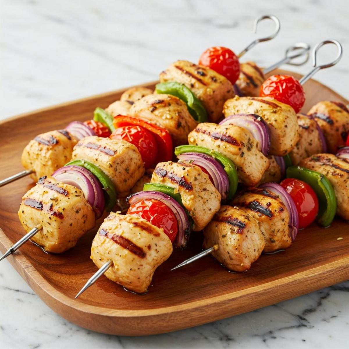 Brochetas de pollo a la parrilla con marinada mediterránea